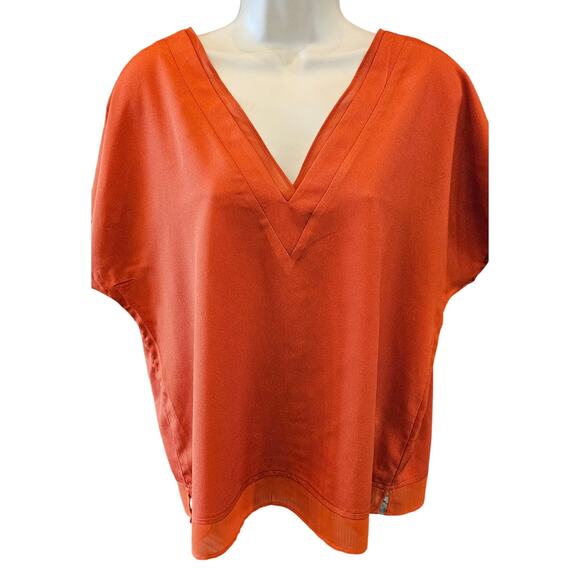 DKNY chiffon trim layered mixed media velour neck top L fall color orange casual - Picture 2 of 9